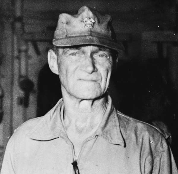 Admiral Marc Mitscher, aboard Enterprise shortly after his transfer from Bunker Hill, 11 May 1945.