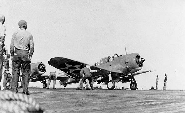 An Enterprise CV-6 Dauntless prepares for takeoff during the 1 February 1942 Marshall Islands Raid.