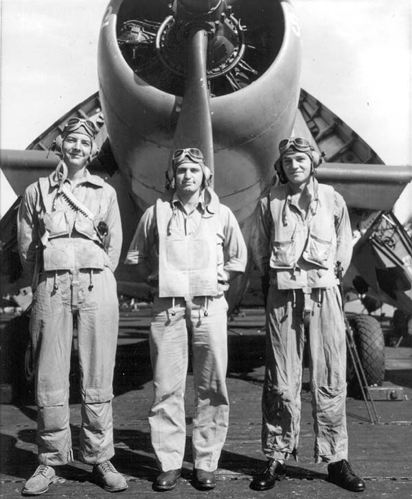 LT(jg) Gilbert S. Blake (center) and his VT-10 air crew, in spring 1944.