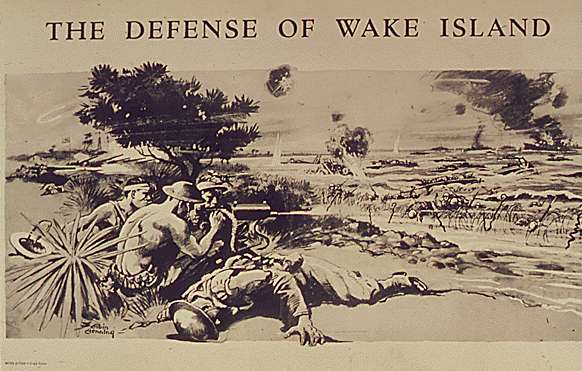 Poster by artist Arbin Henning, illustrating the American defense of Wake Island, December 1941.