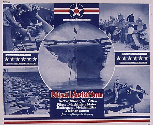 A pre-war U.S. Navy recruiting poster. Carrier shown is USS Lexington CV-2. Note biplanes on deck.