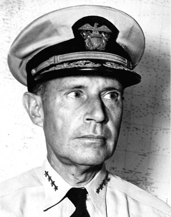 Admiral Raymond Ames Spruance, photographed 23 April 1944, probably in Majuro Atoll.