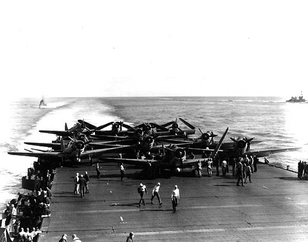 Eleven VT-6 Devastators on Enterprise CV-6's flight deck, Battle of Midway, 4 June 1942.