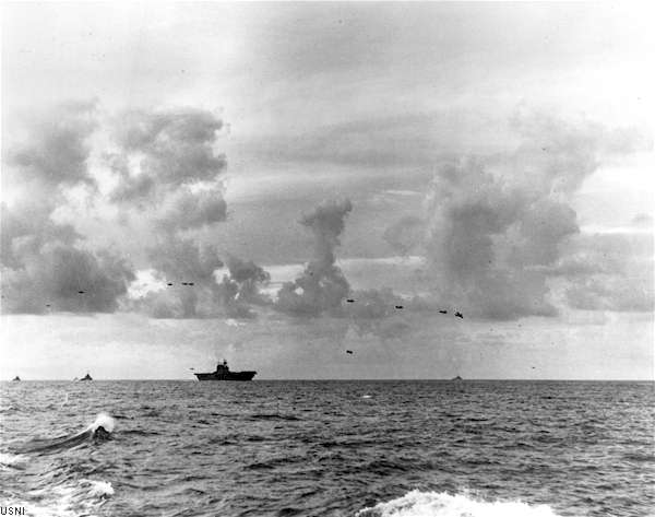 Air Group 10 planes circle to land on Enterprise CV-6 at the Battle of Santa Cruz, 26 October 1942.