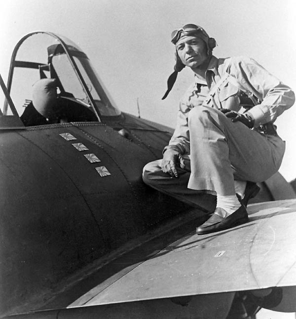 VF-6 Machinist Donald Runyon who shot down four Japanese bombers, 7 August 1942.