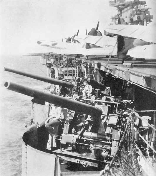 Aft port 5" 38-caliber gun mounts on Enterprise CV-6. Photo taken during Wake Island Raid, Feb. 1942